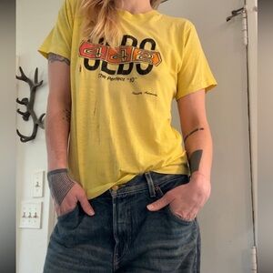 Yellow Vintage Oldsmobile 442 Crewneck Tee. Single Stitch. Natural Distressing